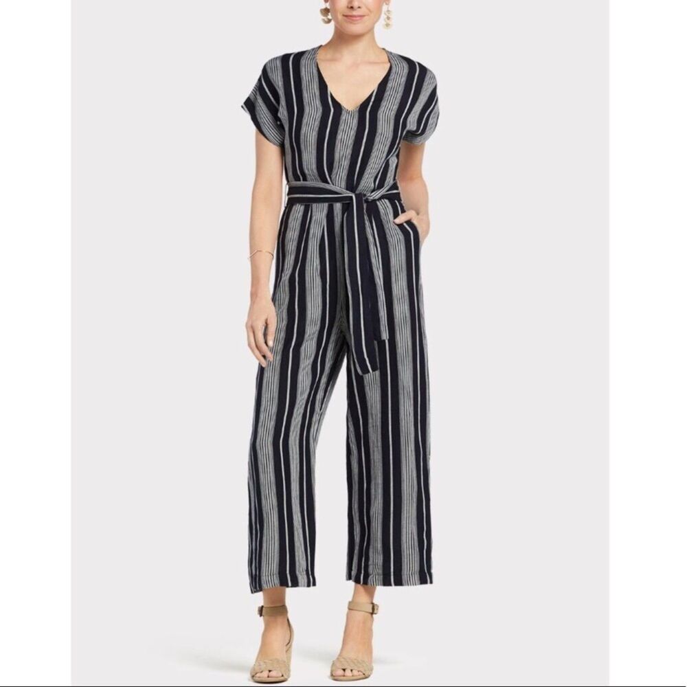 Rails Angela Mediterranean Stripe Linen Blend Jumpsuit Small Black White